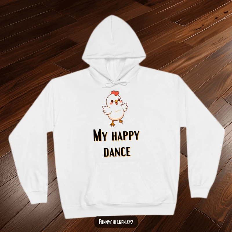 Funny stylized chicken character hoodie, doing a little bouncy dance, offering cozy humor and energetic vibes.