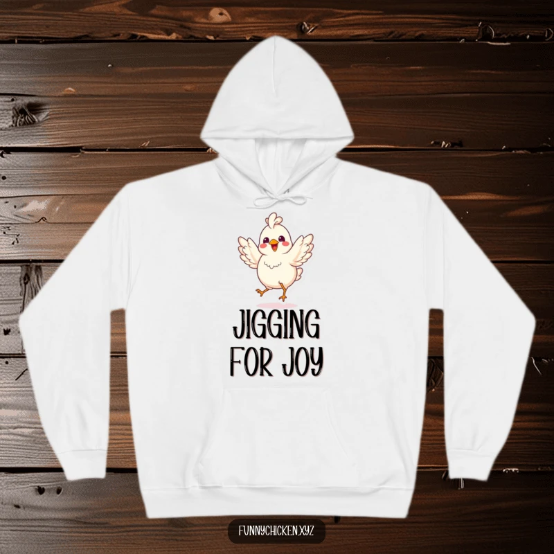 Funny kawaii chicken hoodie, doing a joyful jig with spread wings, cozy and warm apparel for cheerful vibes.