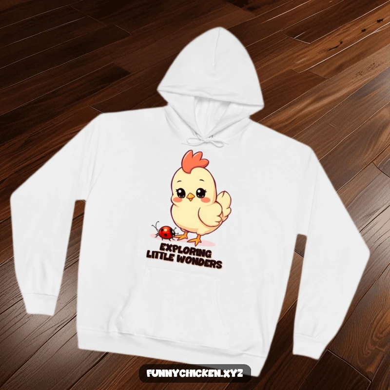 Funny Kawaii chicken hoodie, showing a curious chicken intently watching a ladybug crawl nearby, a charming scene.