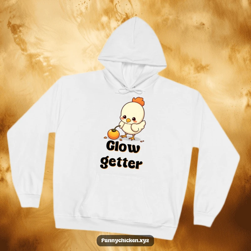 Funny kawaii chicken hoodie, pecking at a glowing seed, cozy and whimsical design for humorous warmth.