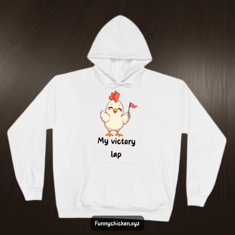Funny hoodie featuring a chicken winking mischievously and waving a small, brightly colored flag, exuding playful energy.