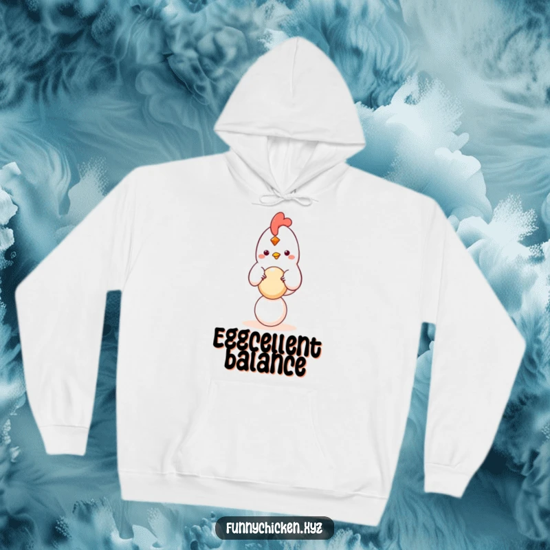 Funny kawaii chicken hoodie balancing a small, round egg, cozy and warm apparel with a humorous, delicate theme.
