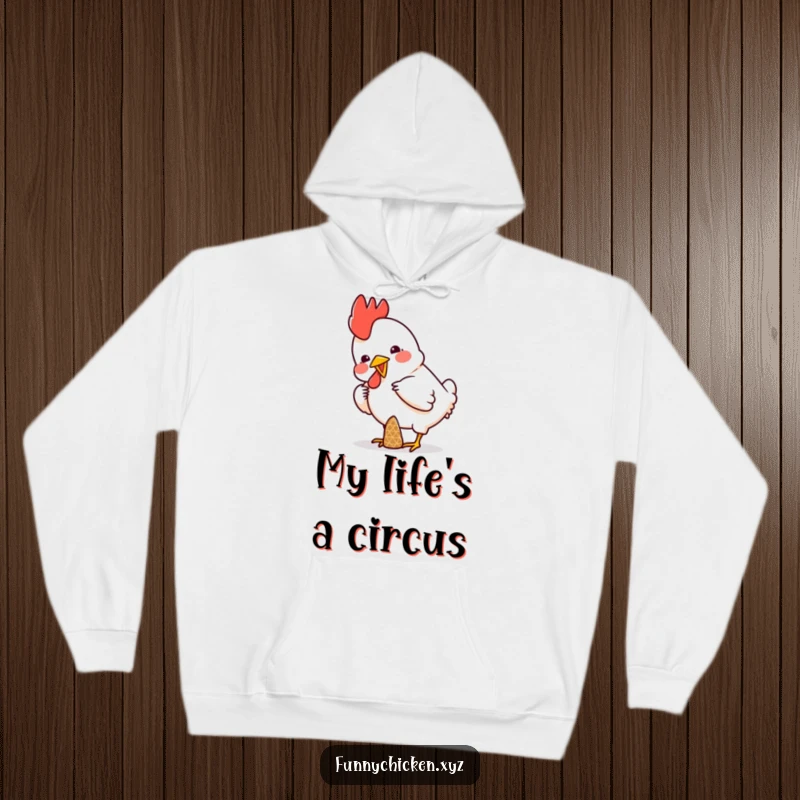 Funny hoodie showing a chicken comically trying to keep a small cone balanced on its head, a picture of hilarious effort.