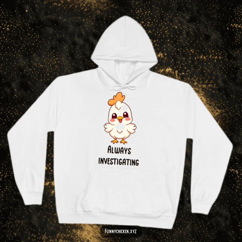 Funny joyful chicken character hoodie, head cocked curiously, offering cozy humor and warmth for gift-givers.