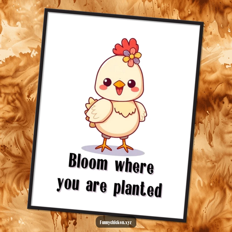 Funny Free Printable Wall Art: A delighted Kawaii chicken strutting proudly, showcasing a bright, colorful flower in its crest.