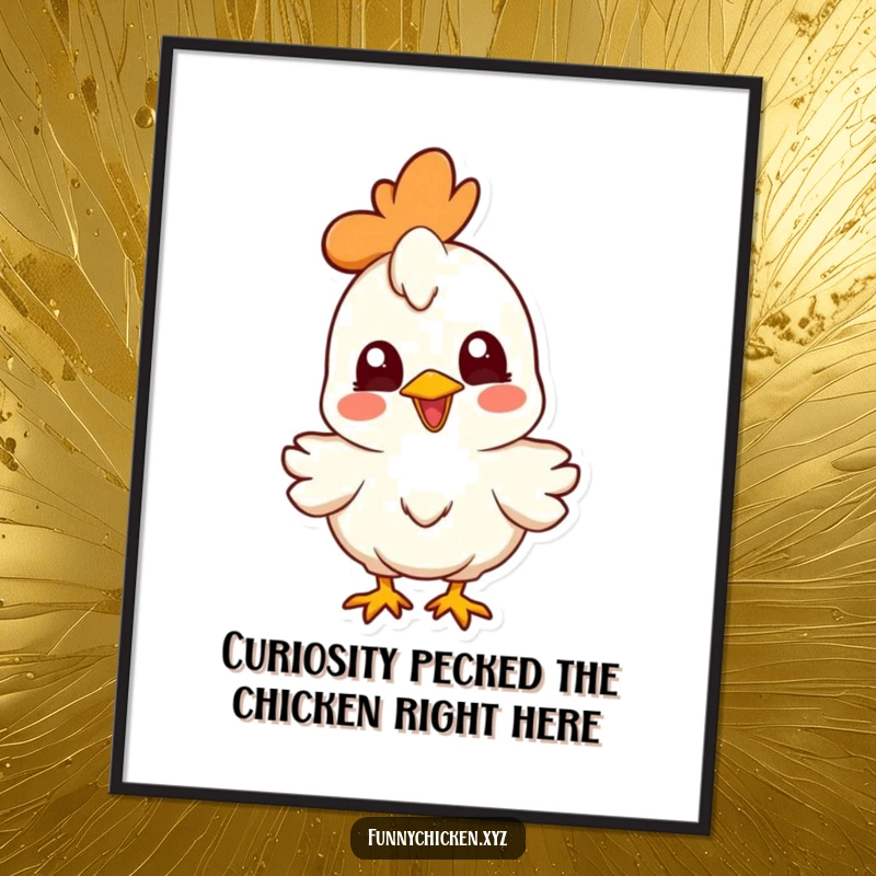 Funny Free Printable Chicken Wall Art featuring a joyful chicken character with its head cocked, looking curious, humorous decor.