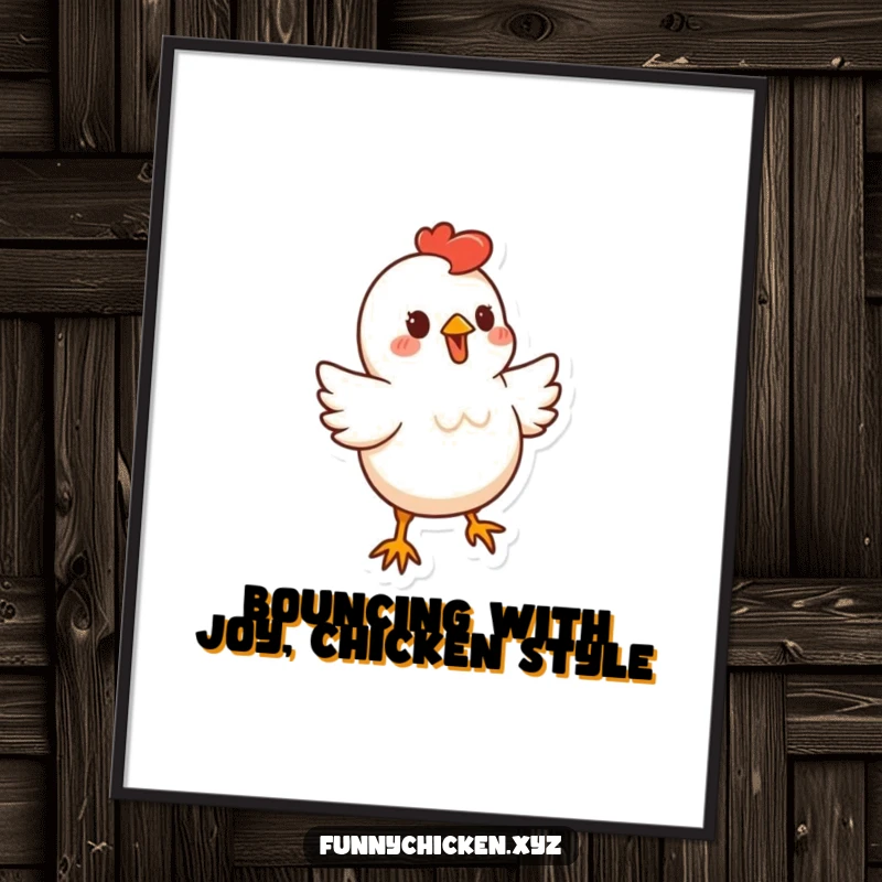 Funny Free Printable Chicken Wall Art displaying a stylized chicken shape doing a little bouncy dance, lively downloadable decor.