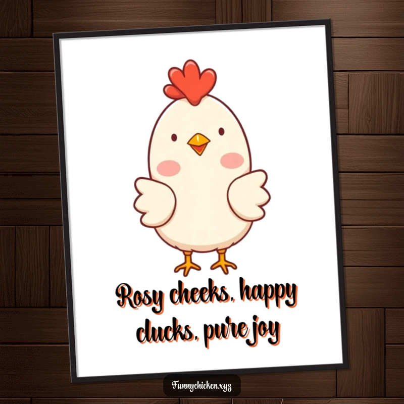 Funny Free Printable Chicken Wall Art displaying a simple chicken with rosy cheeks, clucking happily, cheerful downloadable decor.