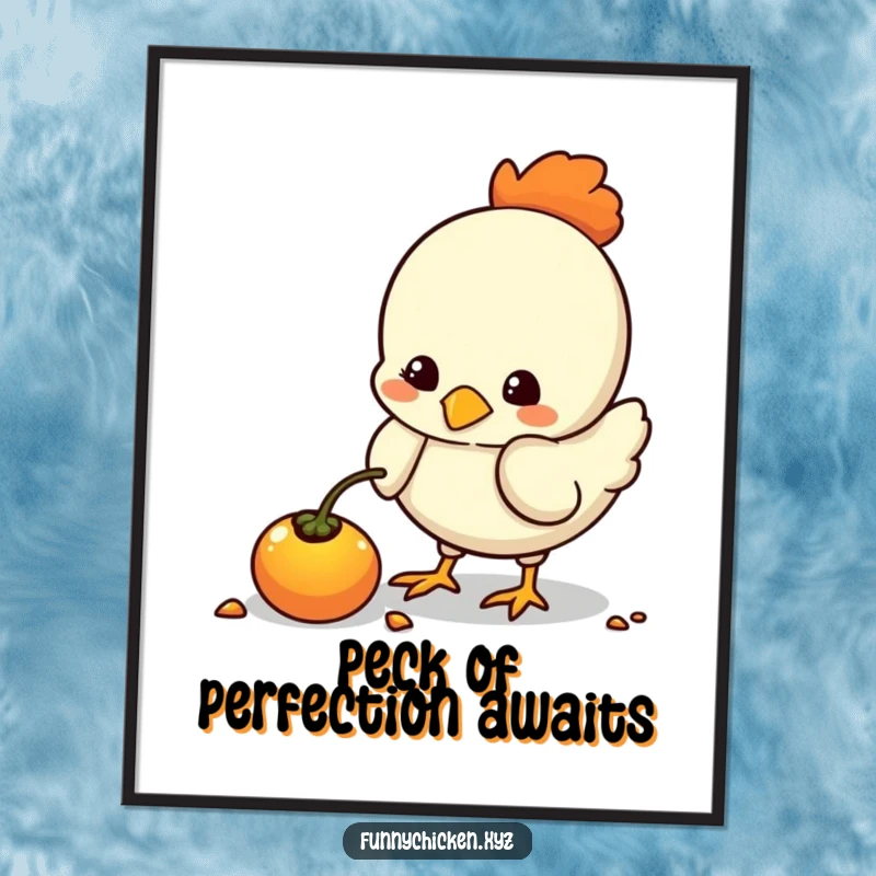 Funny Free Printable Wall Art: Cute kawaii chicken pecking curiously at a glowing seed, bringing whimsical decor.