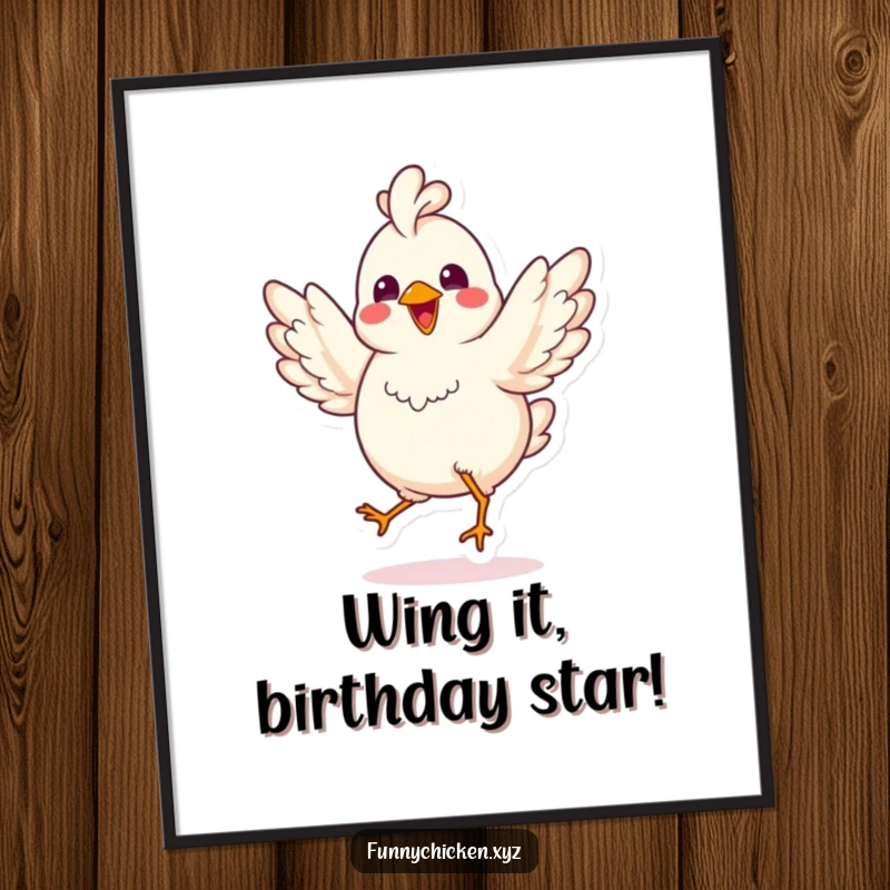 Funny Free Printable Wall Art: Playful kawaii chicken doing a joyful jig with spread wings, adding vibrant energy.