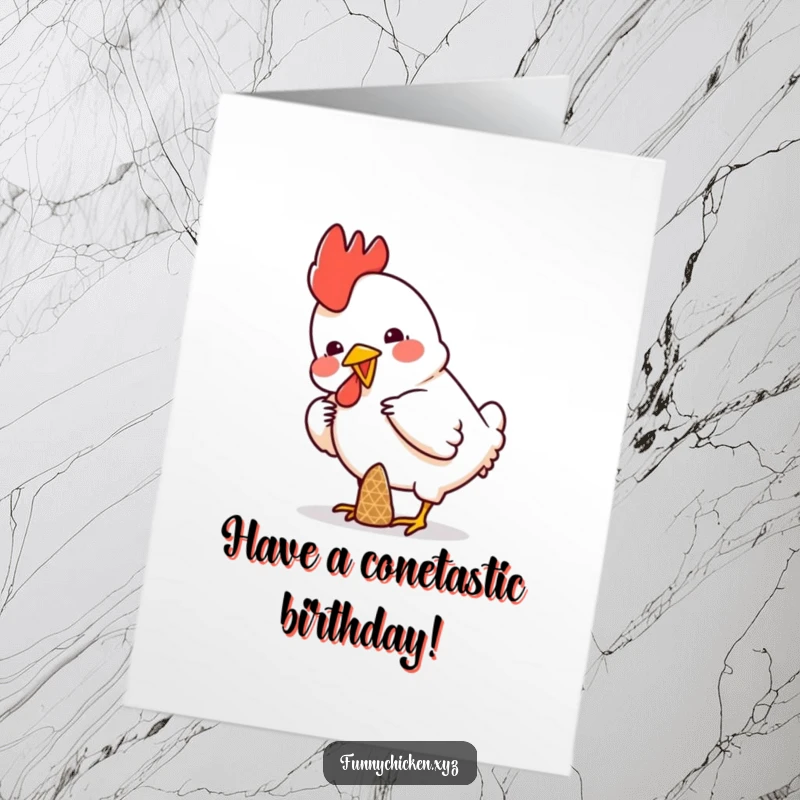 Funny Free Printable Birthday Card: A chicken comically trying to balance a tiny party cone on its head.