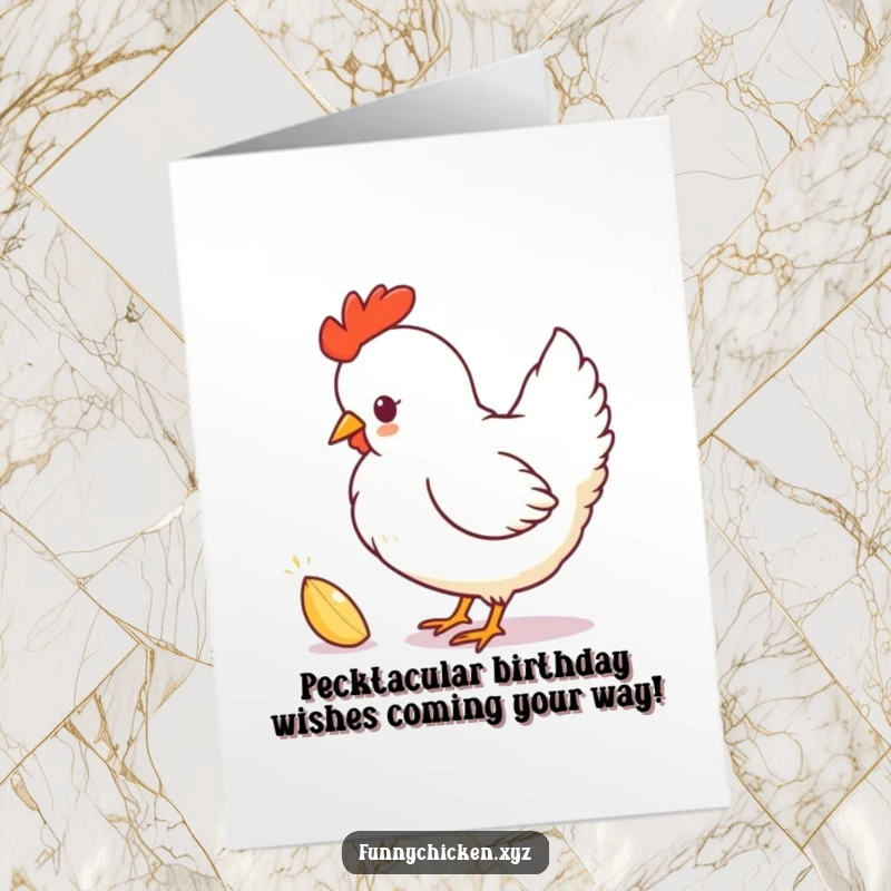 Funny Free Printable Chicken Birthday Card featuring a silhouette pecking at a sparkling seed, a humorous digital download.