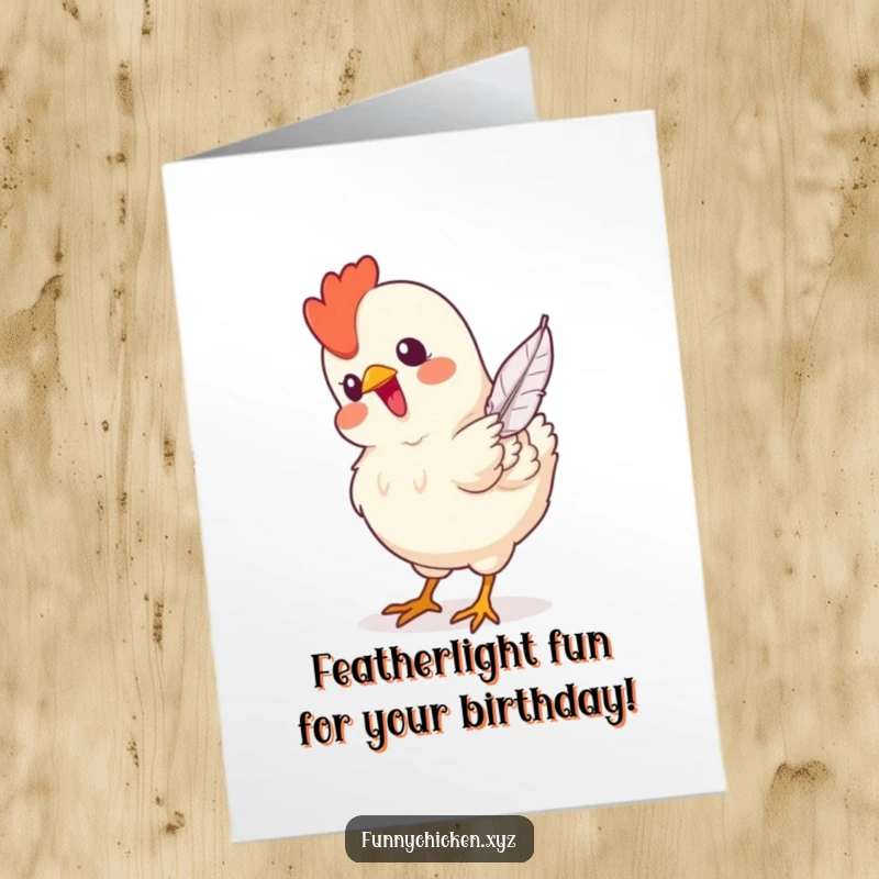 Funny Free Printable Birthday Card: A cheerful chicken joyfully pecking at a single falling feather.
