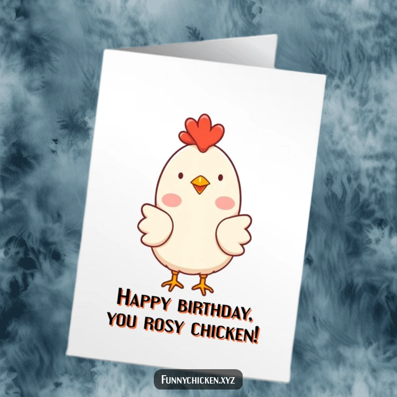 Funny Free Printable Chicken Birthday Card showing a simple chicken with rosy cheeks, clucking happily, a cheerful digital download.