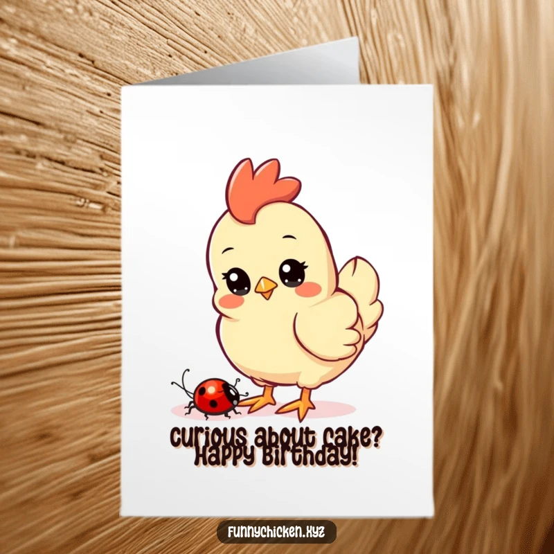 Funny Free Printable Birthday Card: A curious Kawaii chicken intently watching a small ladybug crawl nearby.