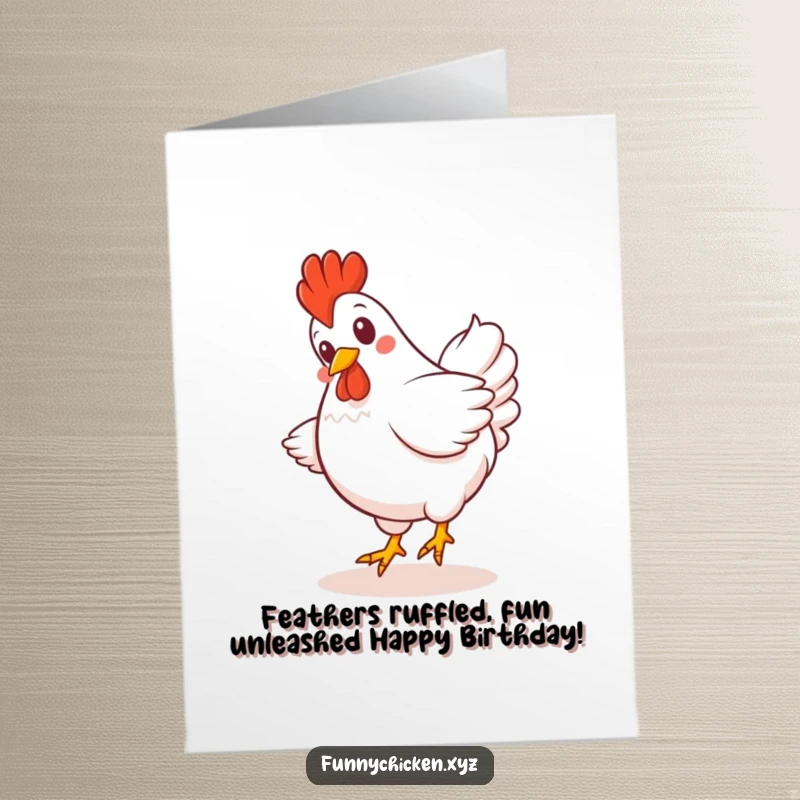 Funny Free Printable Birthday Card: A giggling Kawaii chicken doing a joyful spin with tail feathers fanned out.