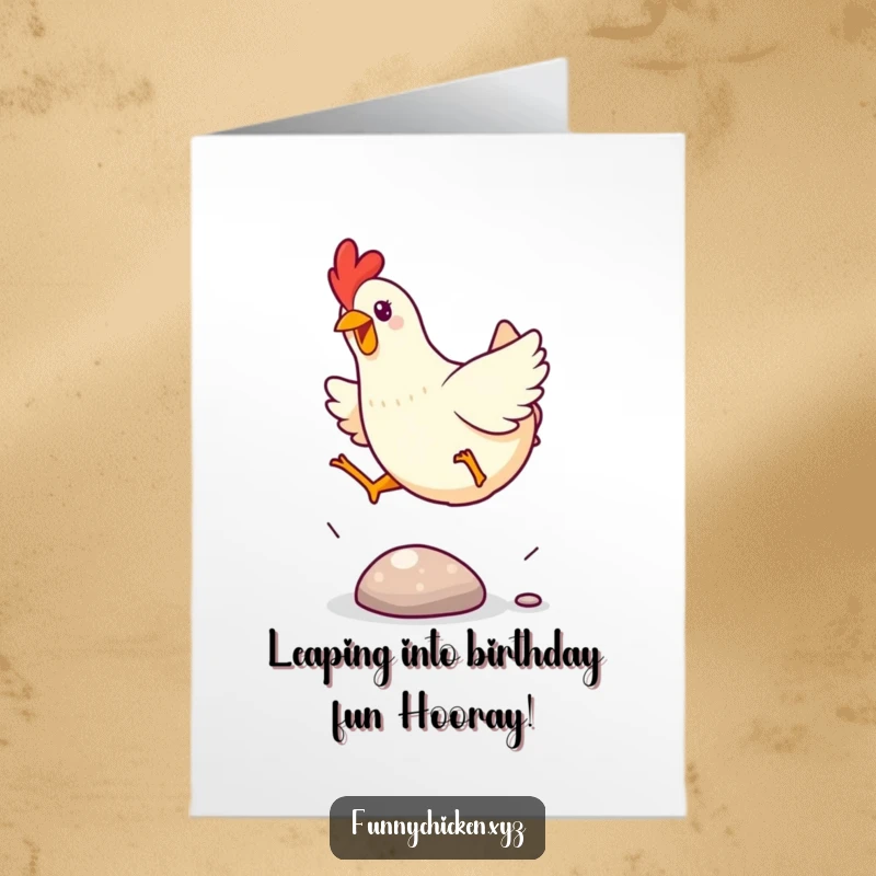 Funny Free Printable Birthday Card: An excited Kawaii chicken energetically leaping over a small, shiny pebble.