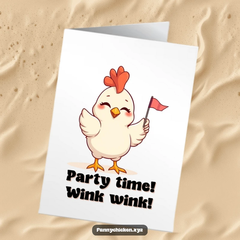 Funny Free Printable Birthday Card: A chicken winking and cheerfully waving a small, colorful flag.
