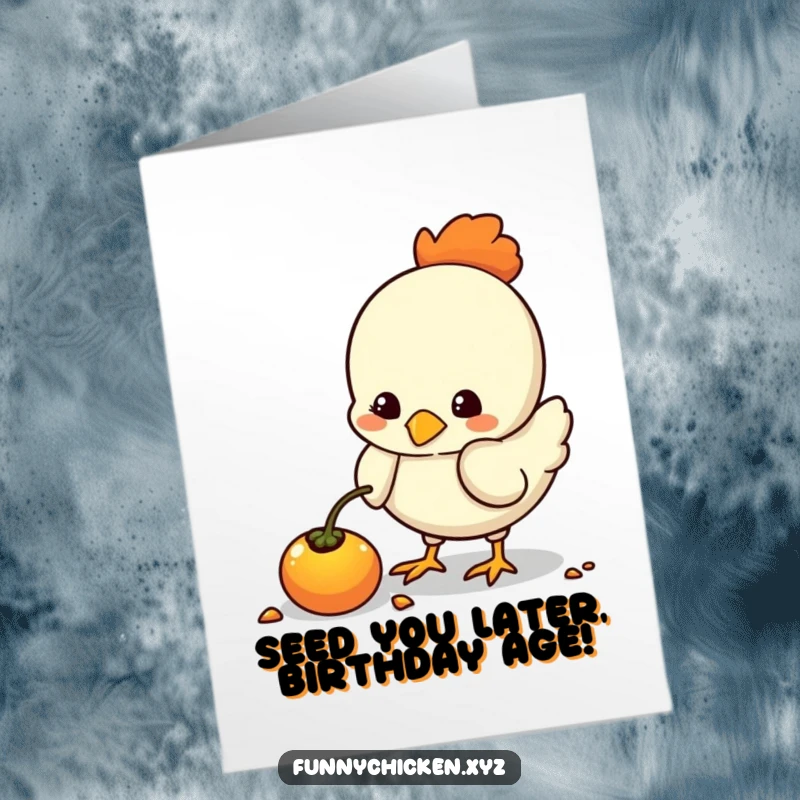 Funny Free Printable Birthday Card: Cute kawaii chicken pecking curiously at a glowing seed, ready to celebrate.