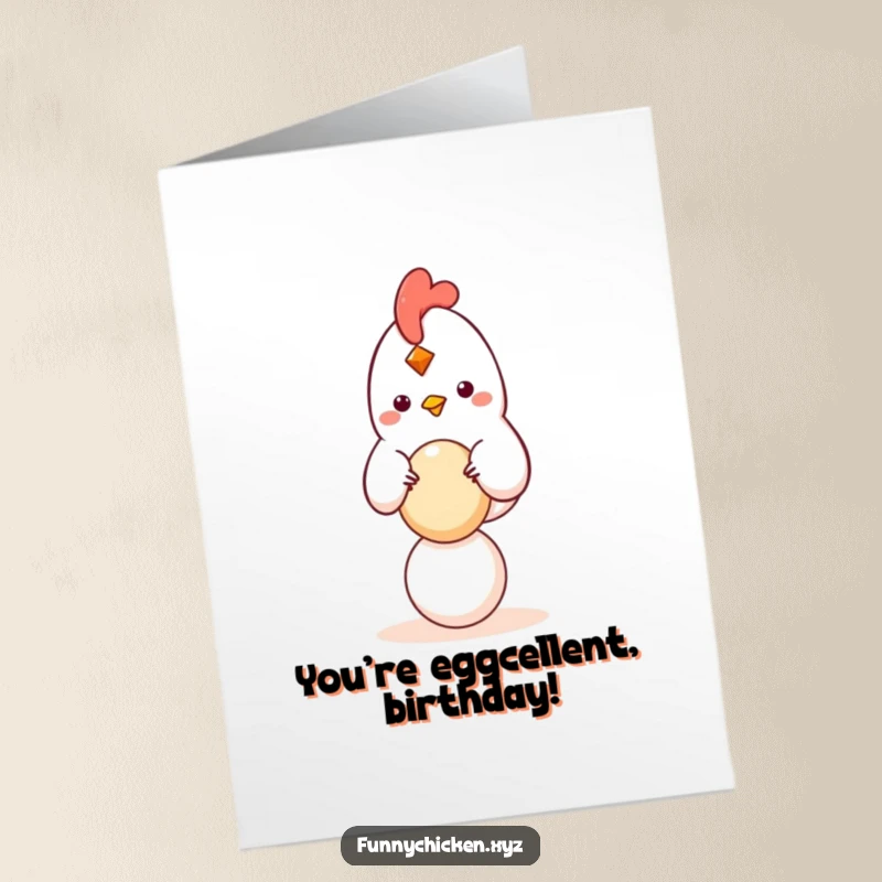 Funny Free Printable Birthday Card: Kawaii chicken happily balancing a small egg, celebrating a momentous occasion.