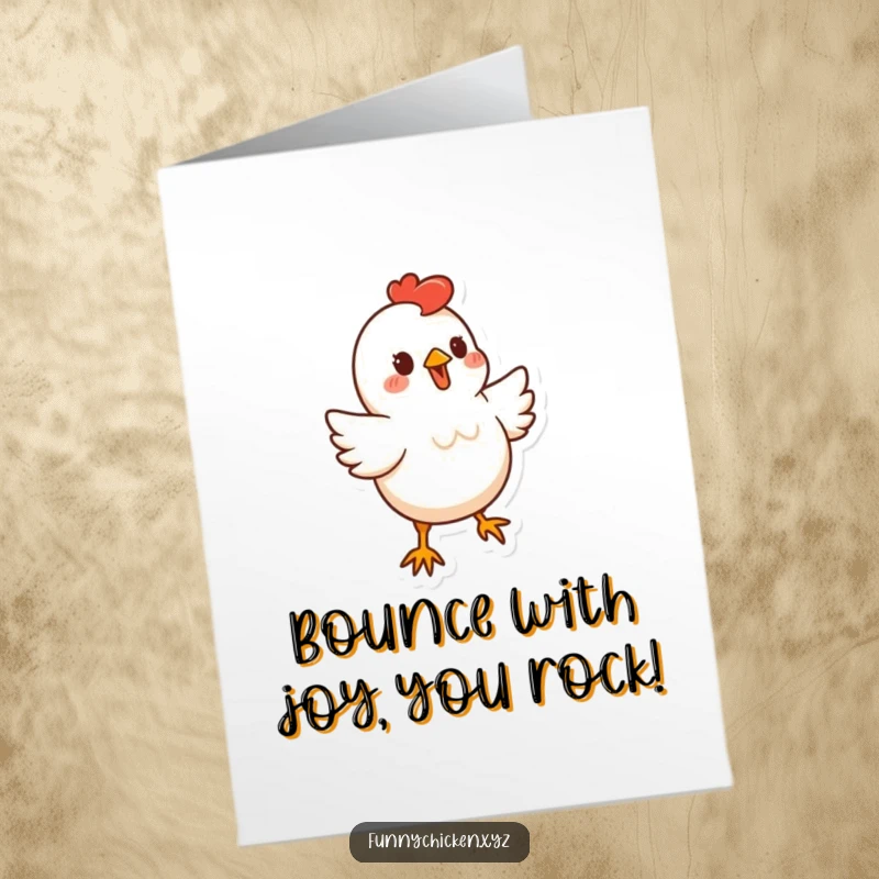 Funny Free Printable Chicken Congratulations Card showing a stylized chicken dancing energetically, a unique downloadable.