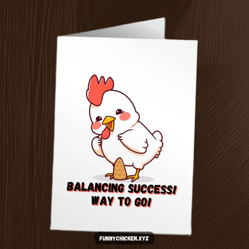 Funny Free Printable Congratulations Card: A chicken struggling humorously to balance a small, colorful cone.