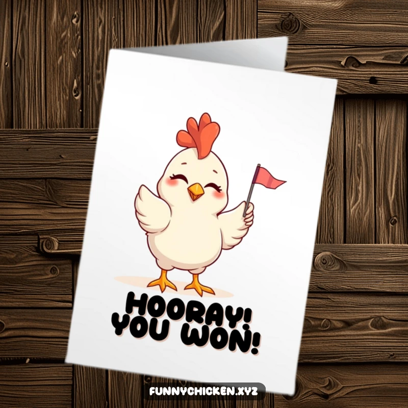 Funny Free Printable Congratulations Card: A chicken winking and waving a tiny, festive flag.