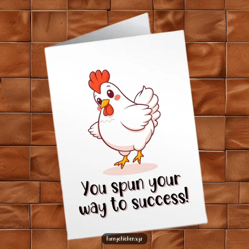 Funny Free Printable Congrats Card: A happy Kawaii chicken spinning joyfully with its tail feathers fanned out.