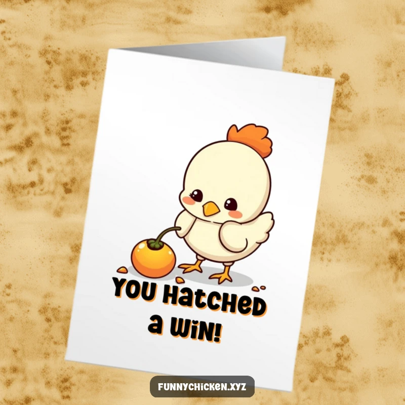 Funny Free Printable Congratulations Card: Kawaii chicken pecking curiously at a glowing seed, celebrating new beginnings.
