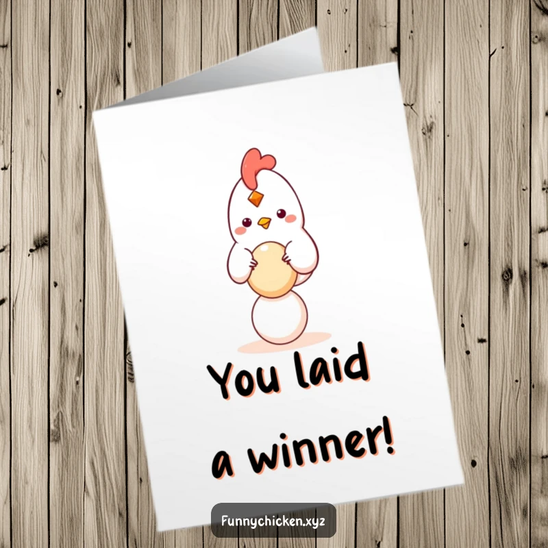 Funny Free Printable Congratulations Card: Kawaii chicken happily balancing a small egg, celebrating a perfect achievement.