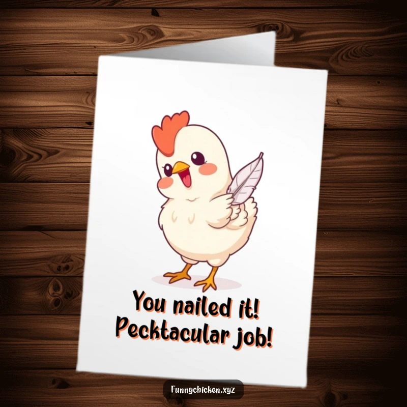 Funny Free Printable Congratulations Card: A happy chicken enthusiastically pecking at a drifting feather.