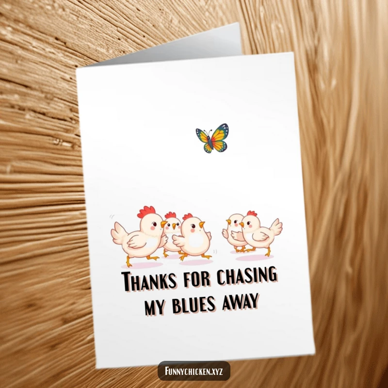 Funny Free Printable Thank You Card: A gaggle of Kawaii chickens playfully chasing after a bright, fluttering butterfly.