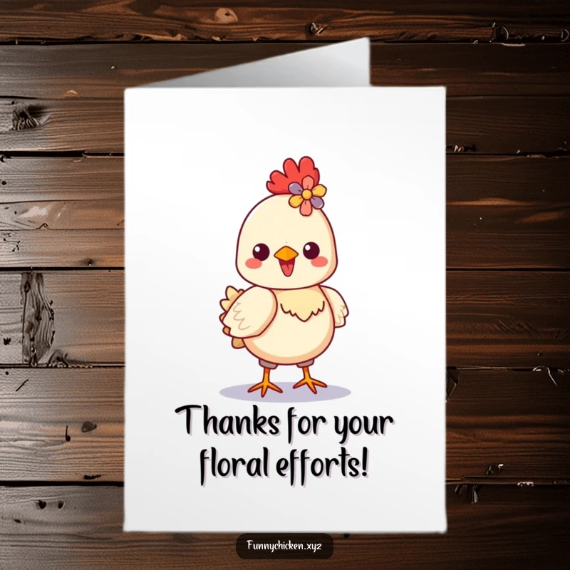 Funny Free Printable Thank You Card: A delighted Kawaii chicken strutting proudly, a colorful flower perfectly placed in its crest.