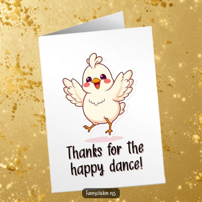 Funny Free Printable Thank You Card: Playful kawaii chicken doing a joyful jig with spread wings, expressing thanks.