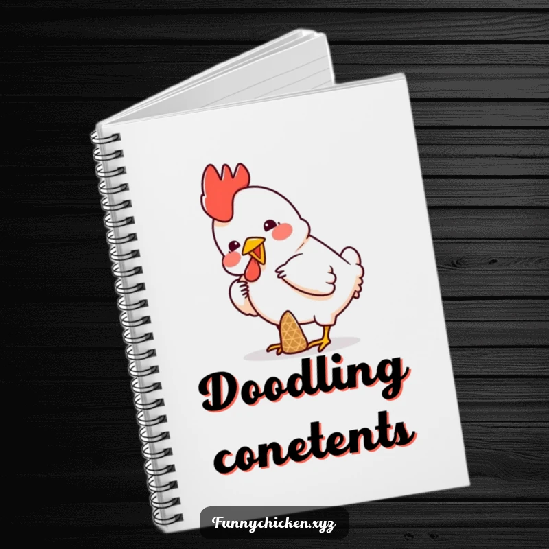 Funny notebook cover featuring a chicken comically balancing a small cone on its head, ideal for capturing funny thoughts.