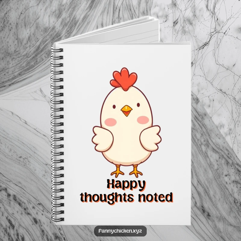 Funny simple chicken character notebook with rosy cheeks, clucking happily, for humorous journaling and happy thoughts.