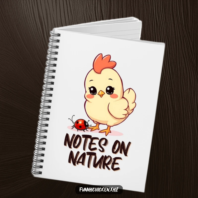 Funny Kawaii chicken notebook cover, featuring a curious chicken watching a ladybug crawl nearby, a design full of gentle wonder.