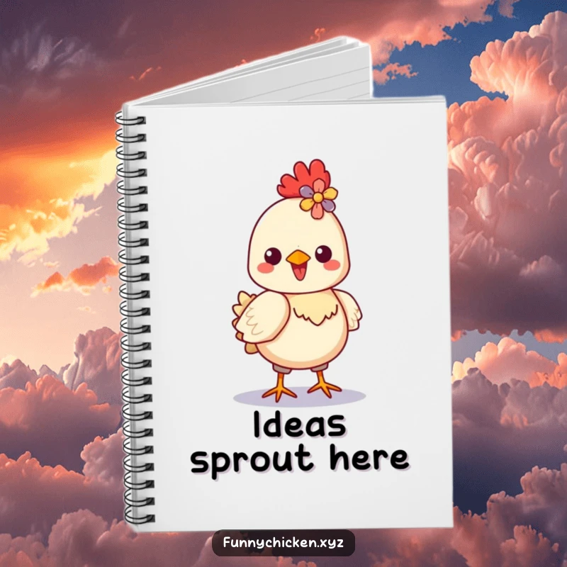 Funny Kawaii chicken notebook cover, featuring a proud and delighted chicken strutting with a flower in its crest.