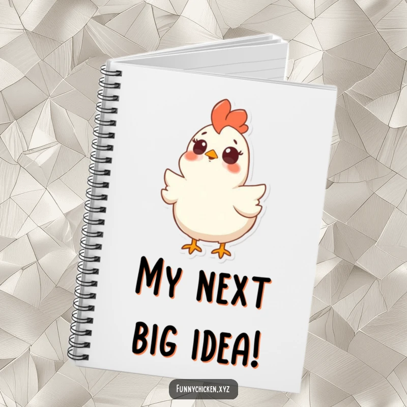 Funny notebook cover featuring a chicken with wide, surprised eyes and an open beak, looking upwards in comical shock.