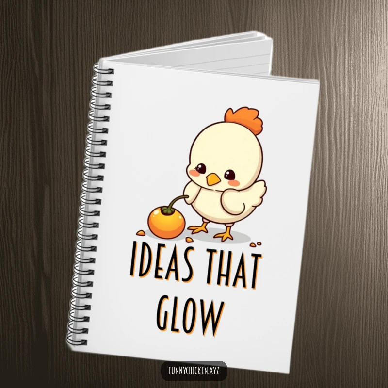 Funny kawaii chicken notebook, pecking at a glowing seed, perfect for jotting down notes with a touch of humor.