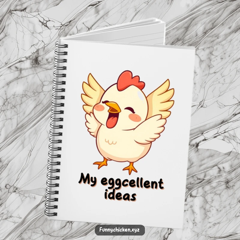 Funny notebook featuring a cute chicken with a wide grin, wings flapping excitedly, perfect for capturing energetic thoughts.