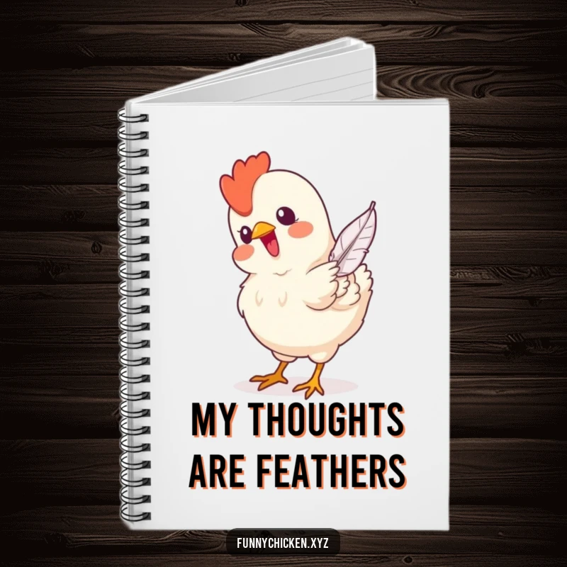 Funny notebook cover featuring a chicken engrossed in pecking a single falling feather, ideal for capturing funny thoughts and notes.