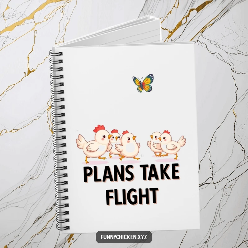 Funny Kawaii chicken notebook cover, featuring chickens playfully chasing a fluttering butterfly, a design full of lively fun.
