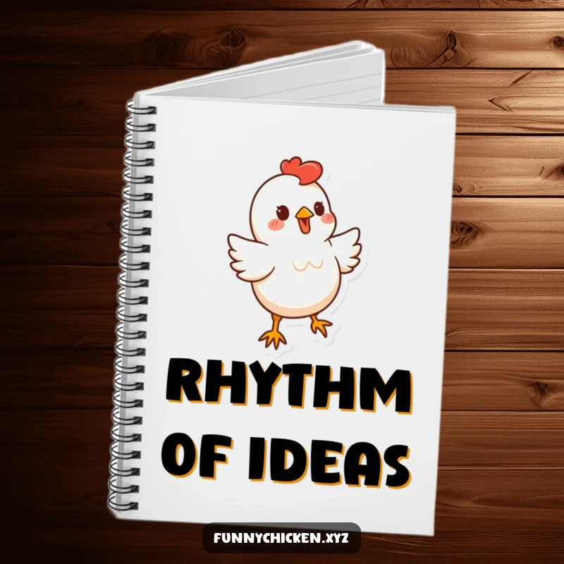 Funny stylized chicken character notebook, doing a little bouncy dance, for humorous journaling and creative notes.
