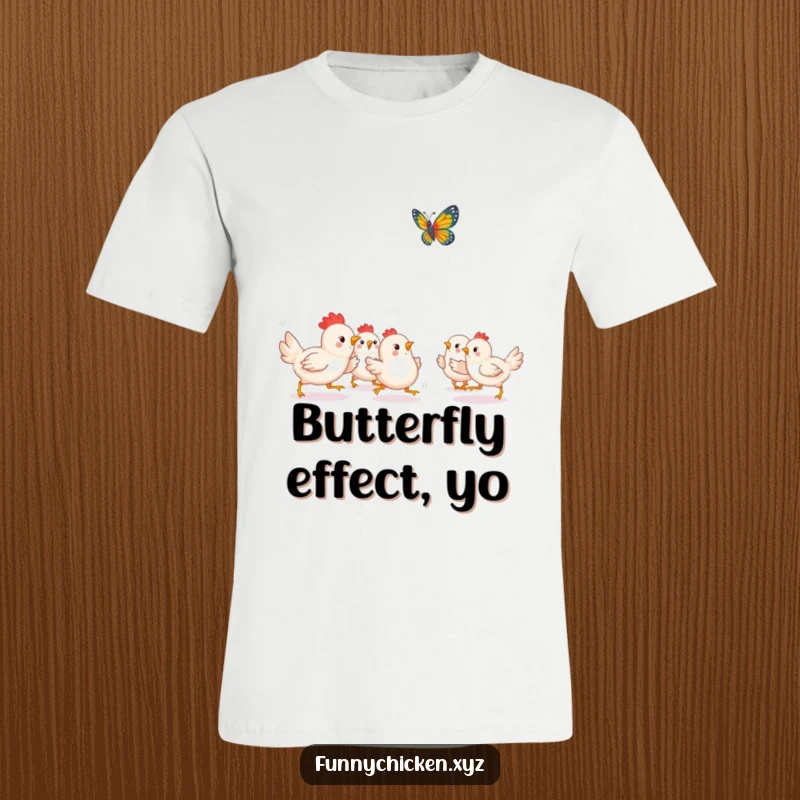 Funny Kawaii chicken t-shirt, showing a group of chickens playfully chasing a fluttering butterfly with great enthusiasm.