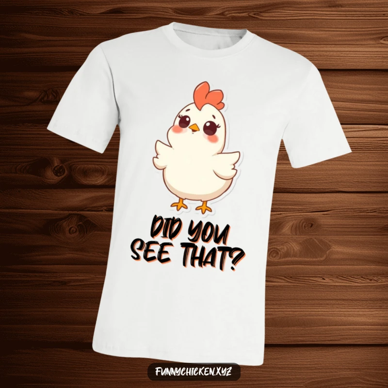 Funny t-shirt with a chicken looking upwards with exaggeratedly surprised eyes and an open beak, reacting to something startling.