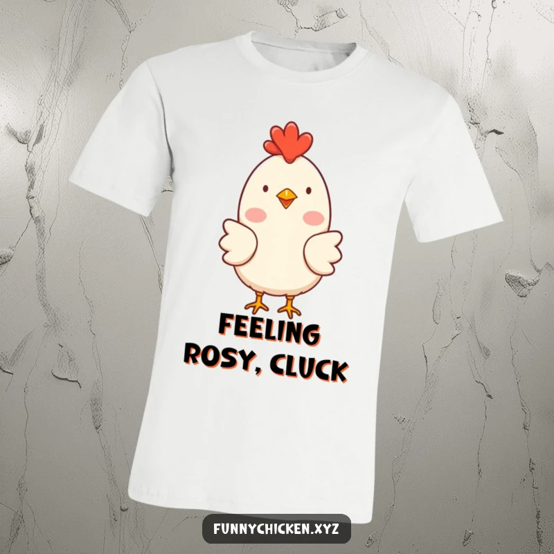 Funny simple chicken t-shirt with rosy cheeks, clucking happily, perfect for humorous gifting and comfy wear.