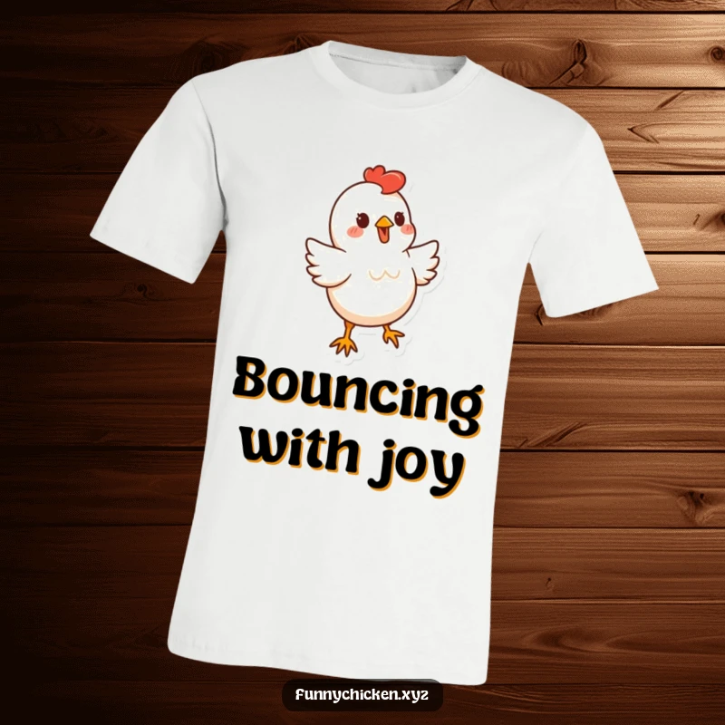 Funny stylized chicken shape t-shirt, doing a little bouncy dance, great for humorous gifting and active wear.