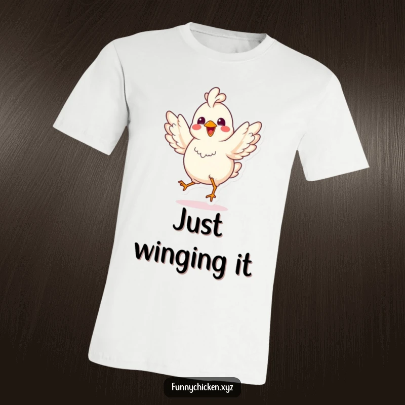 Funny kawaii chicken t-shirt, doing a joyful jig with wings spread, showcasing energetic dance and cheerful vibes.
