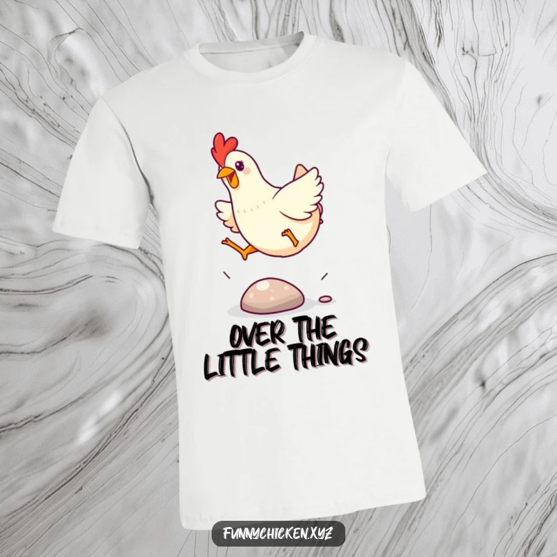 Funny Kawaii chicken t-shirt, depicting a chicken excitedly leaping over a small, shiny pebble with dynamic movement.